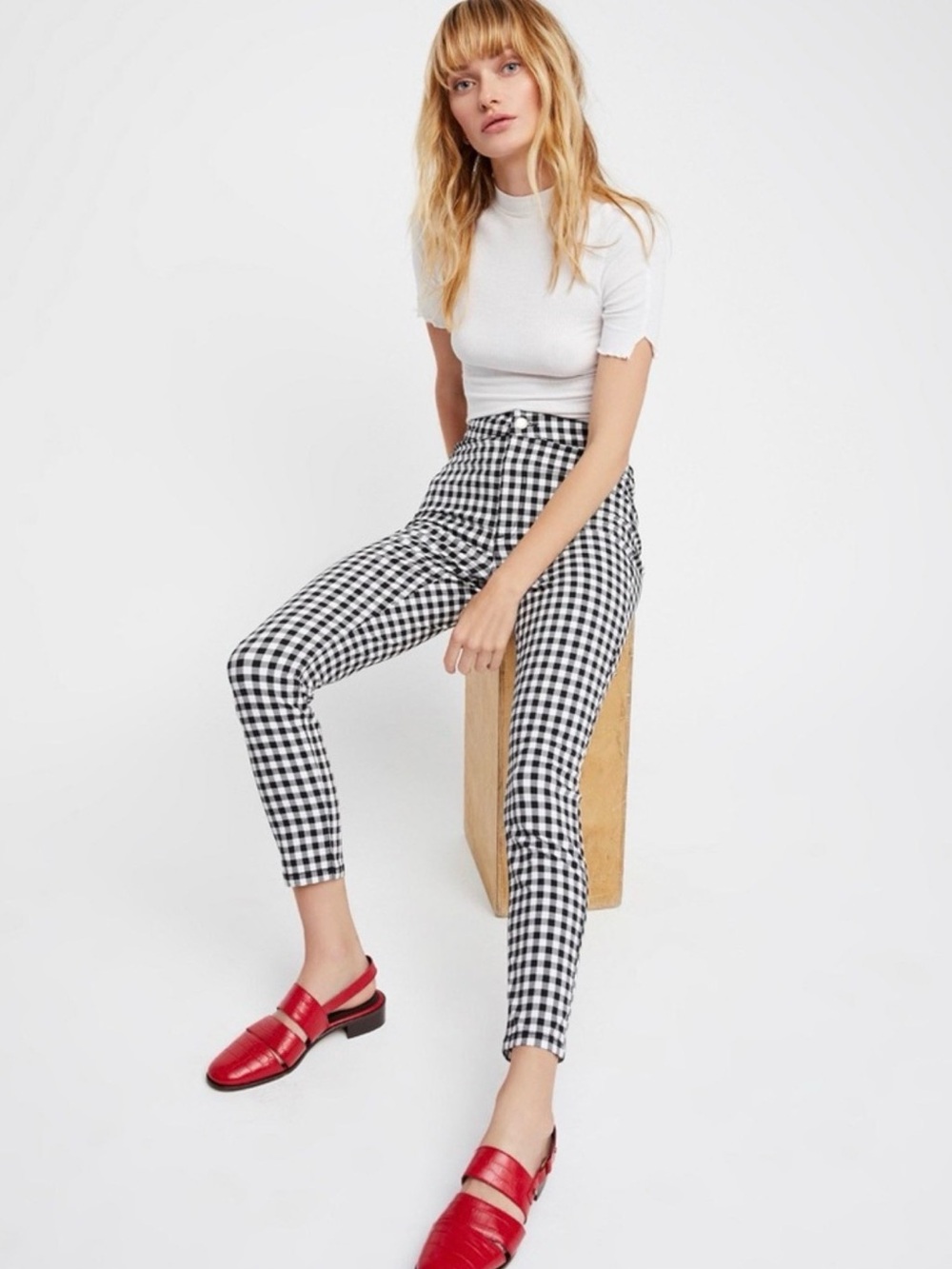 Free People Florence Black & White Gingham Ankle Pants size 28.